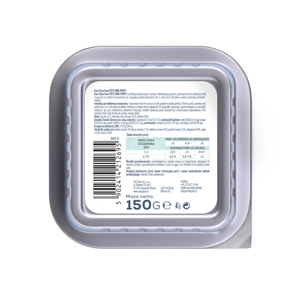 RAW PALEO DUCK PATE MINI PUPPY 24x150g - mokra karma dla szczeniąt - kaczka