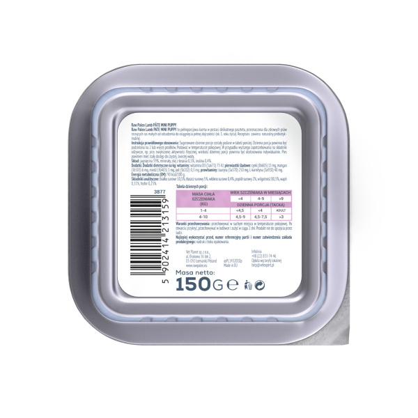 RAW PALEO LAMB PATE MINI PUPPY - mokra karma dla szczeniąt - jagnięcina 150 g