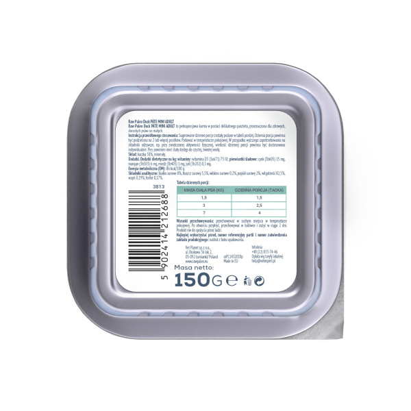 RAW PALEO DUCK PATE MINI ADULT - mokra karma dla psów dorosłych - kaczka 150 g