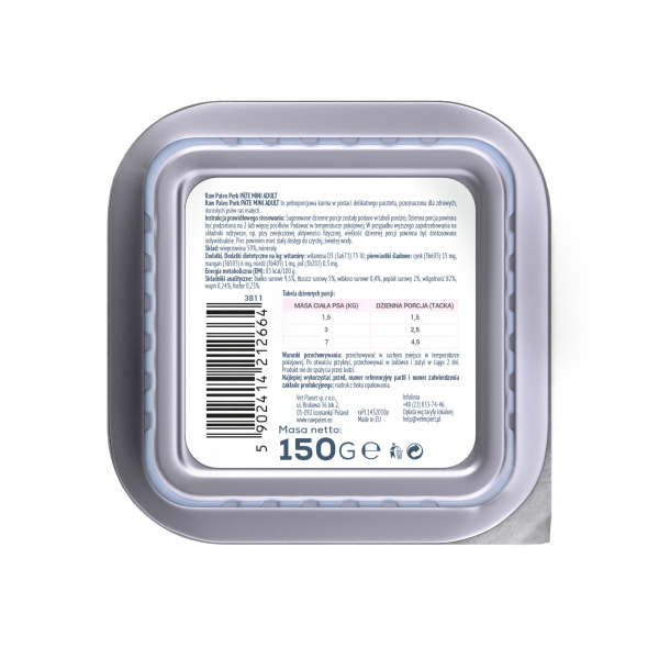 RAW PALEO PORK PATE MINI ADULT - mokra karma dla psów dorosłych - wieprzowina 150 g