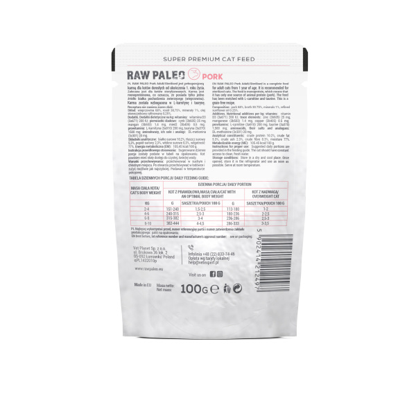 RAW PALEO ADULT/STERILISED CAT PORK 100g - mokra karma dla kotów dorosłych i  sterylizowanych  - wieprzowina