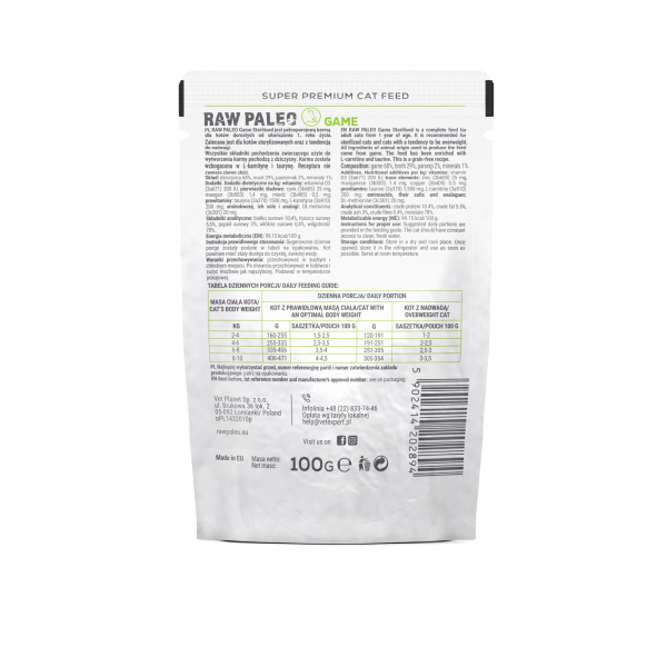 RAW PALEO ADULT CAT GAME 100g - mokra karma dla kotów dorosłych - dziczyzna