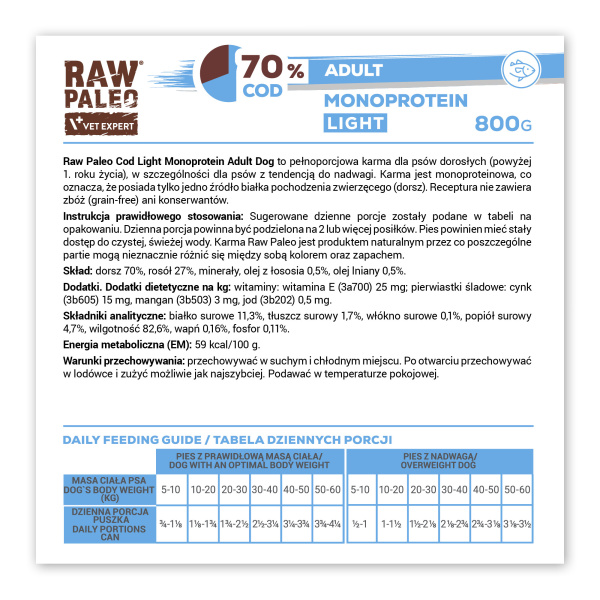 RAW PALEO COD LIGHT MONOPROTEIN ADULT DOG 800g - mokra karma dla psów z tendencją do nadwagi monoproteina z dorszem