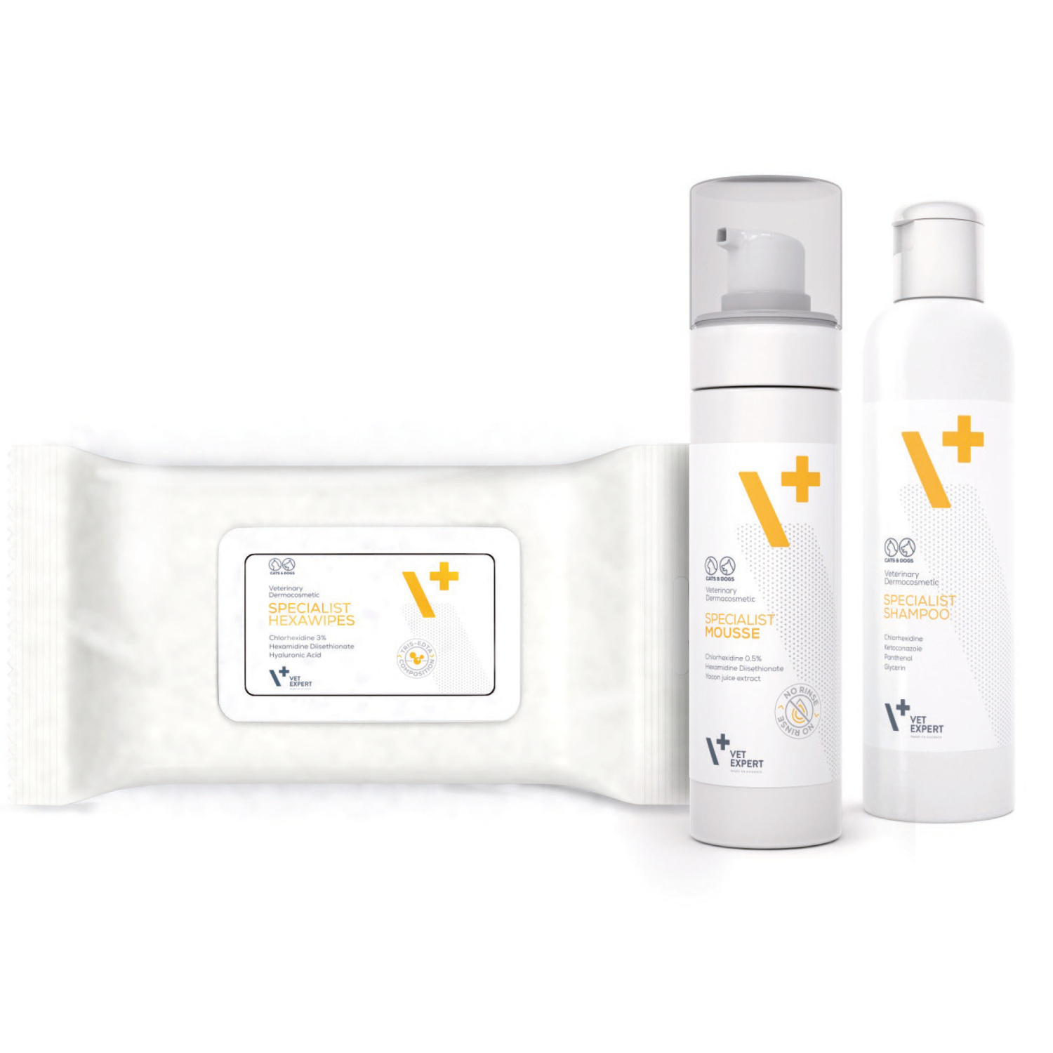 VET EXPERT SPECIALIST LINE -  SHAMPOO, MOUSSE, HEXAWIPES - pełne wsparcie przy infekcji skóry psa i kota