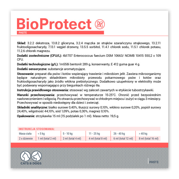 VET EXPERT BIOPROTECT PASTE - preparat wspomagający mikroflorę przewodu pokarmowego dla psów i kotów 15 ml