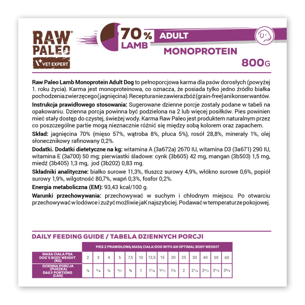 RAW PALEO ADULT DOG LAMB 6x800g - mokra karma dla psów dorosłych monoproteina z jagnięciną