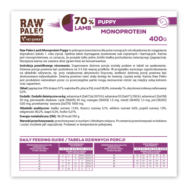 RAW PALEO PUPPY LAMB 12x400g - mokra karma dla szczeniąt monoproteina z jagnięciną