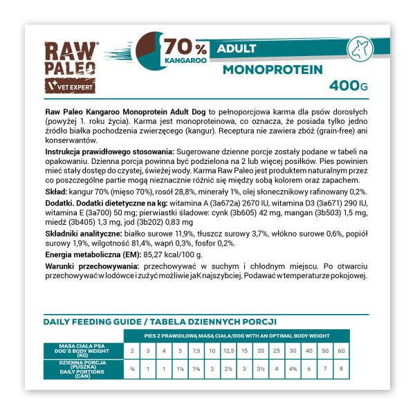 RAW PALEO ADULT DOG KANGAROO 12x400g - mokra karma dla psów dorosłych monoproteina z mięsem kangura