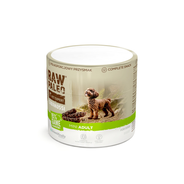 RAW PALEO Cabanossi Game Mini 90g - pełnoporcjowy naturalny przysmak w formie kiełbaski dla psa