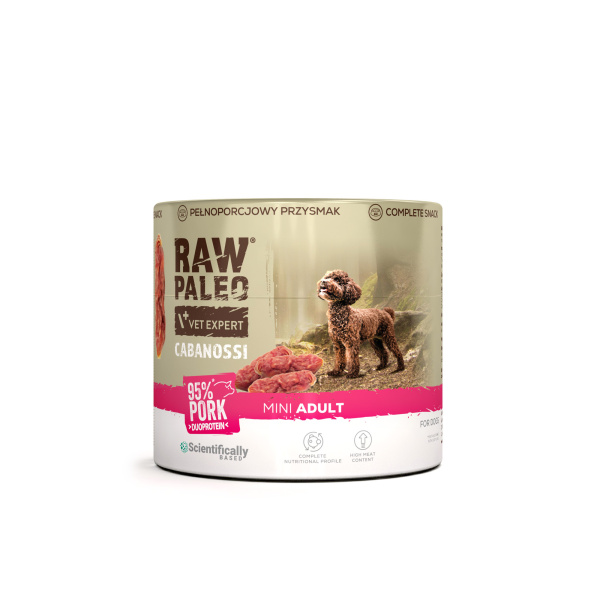 RAW PALEO Cabanossi Pork Mini 90g - pełnoporcjowy naturalny przysmak w formie kiełbaski dla psa