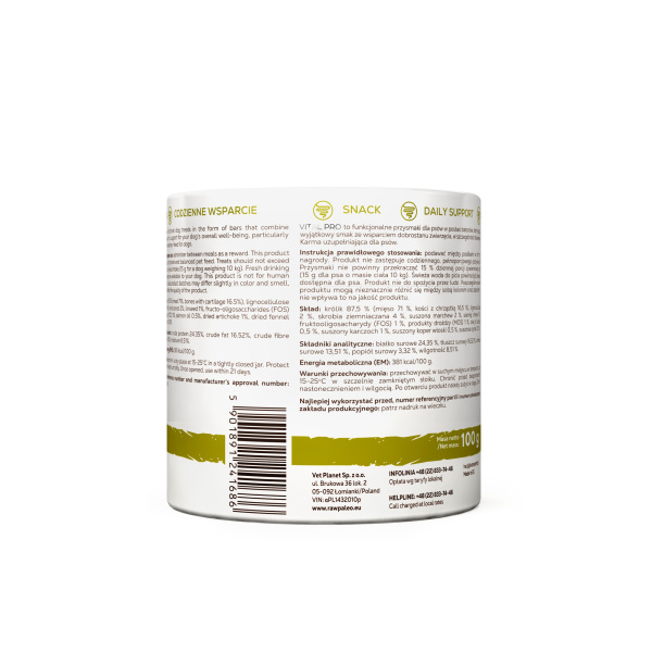 RAW PALEO Vital Pro Digestion Rabbit Mini 100g - hipoalergiczny monoproteinowy przysmak funkcjonalny - baton dla psa