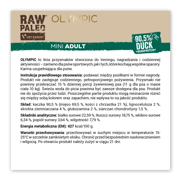 RAW PALEO Olympic Duck Mini 90g - hipoalergiczny monoproteinowy przysmak treningowy dla psa