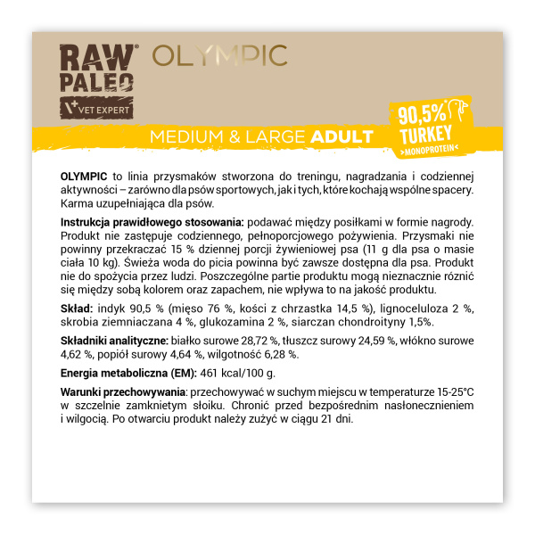 RAW PALEO Olympic Turkey Medium Large 90g - hipoalergiczny monoproteinowy przysmak treningowy dla psa