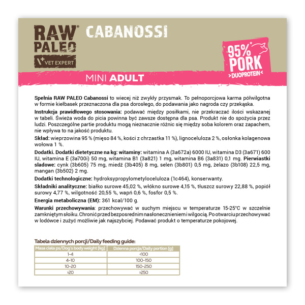 RAW PALEO Cabanossi Pork Mini 90g - pełnoporcjowy naturalny przysmak w formie kiełbaski dla psa