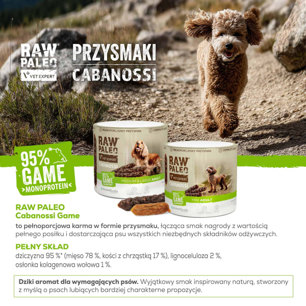 RAW PALEO Cabanossi Game Mini 100g - pełnoporcjowy naturalny przysmak w formie kiełbaski dla psa