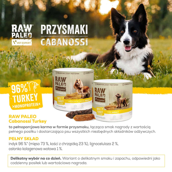 RAW PALEO Cabanossi Turkey Mini 100g - pełnoporcjowy naturalny przysmak w formie kiełbaski dla psa