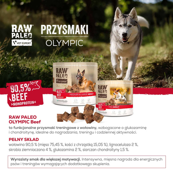 RAW PALEO Olympic Beef Medium Large 90g - hipoalergiczny monoproteinowy przysmak treningowy dla psa