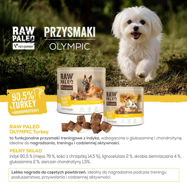 RAW PALEO Olympic Turkey Medium Large 90g - hipoalergiczny monoproteinowy przysmak treningowy dla psa