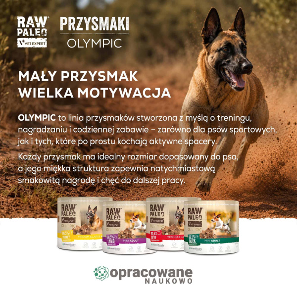 RAW PALEO Olympic Beef Medium Large 90g - hipoalergiczny monoproteinowy przysmak treningowy dla psa