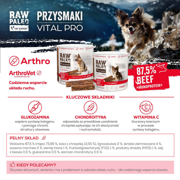 RAW PALEO Vital Pro Arthro Beef Mini 100g - hipoalergiczny monoproteinowy przysmak funkcjonalny - baton dla psa