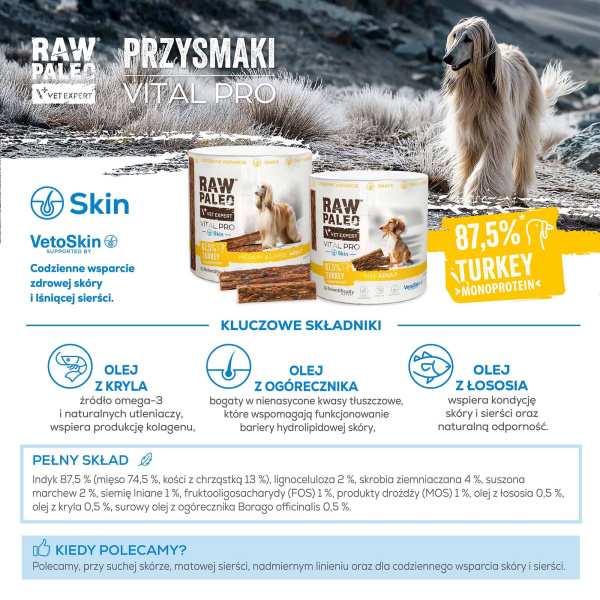 RAW PALEO Vital Pro Skin &Coat Turkey Mini 100g - hipoalergiczny monoproteinowy przysmak funkcjonalny - baton dla psa