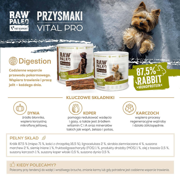 RAW PALEO Vital Pro Digestion Rabbit Medium Large 100g - hipoalergiczny monoproteinowy przysmak funkcjonalny - baton dla psa
