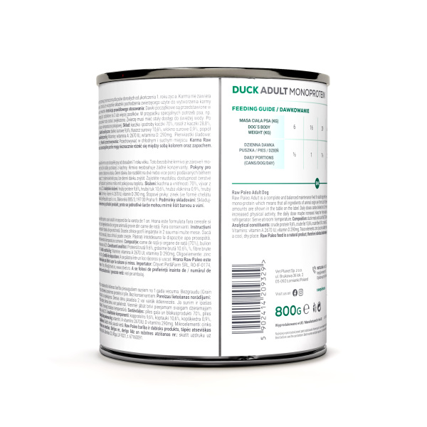 RAW PALEO ADULT DOG DUCK 800g - mokra karma dla psów dorosłych monoproteina z kaczką