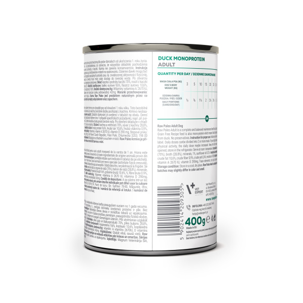 RAW PALEO ADULT DOG DUCK 400g - mokra karma dla psów dorosłych monoproteina z kaczką