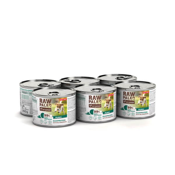RAW PALEO DUCK&BOAR PUPPY CAN 6x200g - mokra karma dla szczeniąt duoproteina kaczka z dzikiem