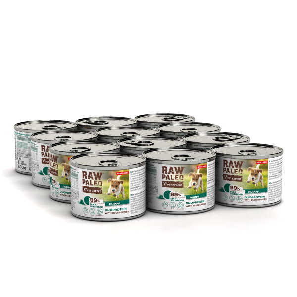 RAW PALEO DUCK&BOAR PUPPY CAN 12x200g - mokra karma dla szczeniąt duoproteina kaczka z dzikiem