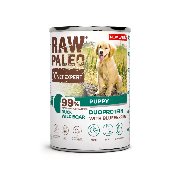 RAW PALEO DUCK&BOAR PUPPY CAN 12x400g - mokra karma dla szczeniąt duoproteina kaczka z dzikiem