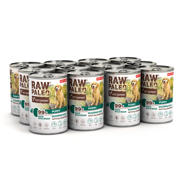 RAW PALEO DUCK&BOAR PUPPY CAN 12x400g - mokra karma dla szczeniąt duoproteina kaczka z dzikiem
