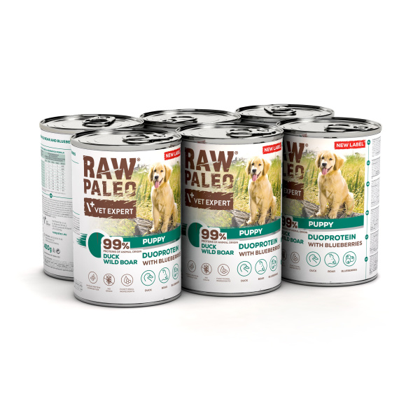 RAW PALEO DUCK&BOAR PUPPY CAN 6x400g - mokra karma dla szczeniąt duoproteina kaczka z dzikiem