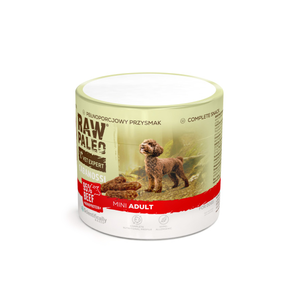 RAW PALEO Cabanossi Beef Mini 100g - pełnoporcjowy naturalny przysmak w formie kiełbaski dla psa