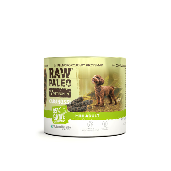 RAW PALEO Cabanossi Game Mini 100g - pełnoporcjowy naturalny przysmak w formie kiełbaski dla psa