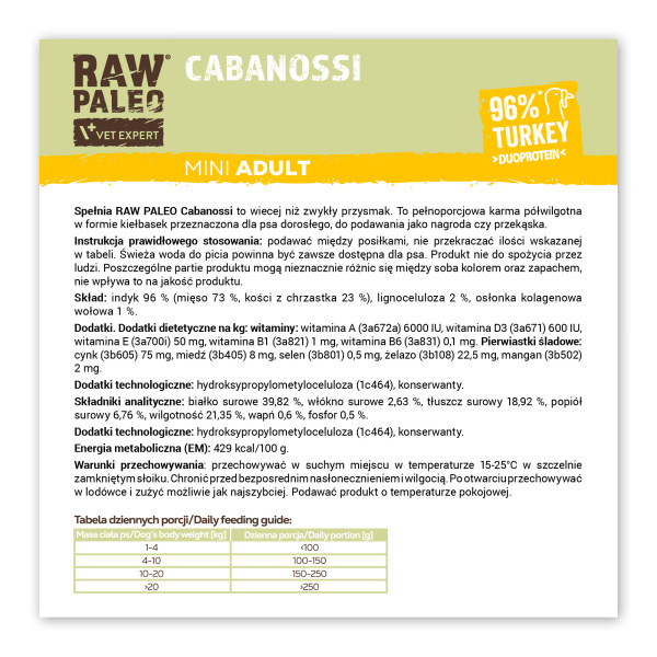 RAW PALEO Cabanossi Turkey Mini 100g - pełnoporcjowy naturalny przysmak w formie kiełbaski dla psa