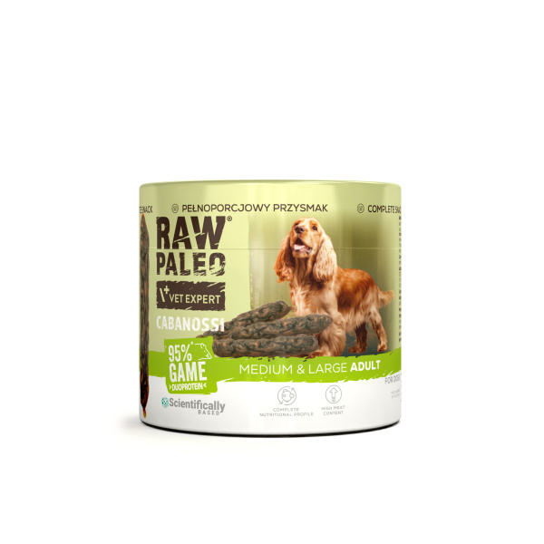 RAW PALEO Cabanossi Game Medium Large 100g - pełnoporcjowy naturalny przysmak w formie kiełbaski dla psa