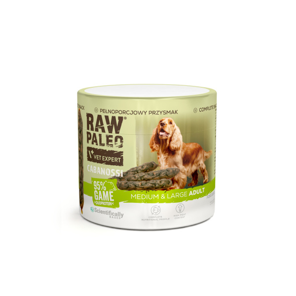 RAW PALEO Cabanossi Game Medium Large 100g - pełnoporcjowy naturalny przysmak w formie kiełbaski dla psa