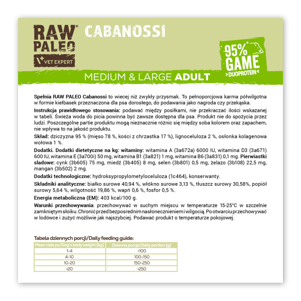 RAW PALEO Cabanossi Game Medium Large 100g - pełnoporcjowy naturalny przysmak w formie kiełbaski dla psa