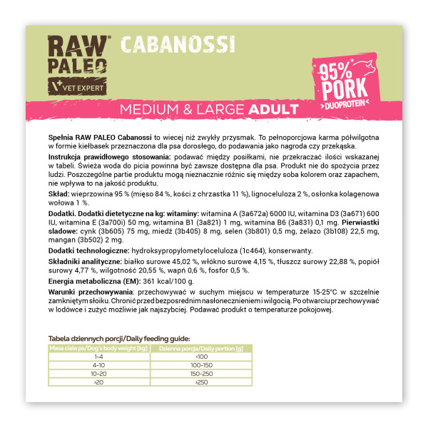 RAW PALEO Cabanossi Pork Medium Large 100g - pełnoporcjowy naturalny przysmak w formie kiełbaski dla psa