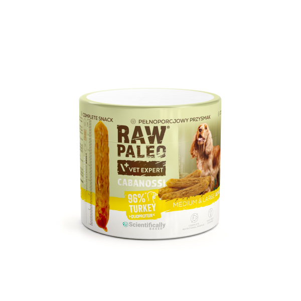RAW PALEO Cabanossi Turkey Medium Large 100g - pełnoporcjowy naturalny przysmak w formie kiełbaski dla psa