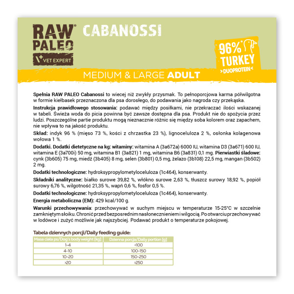RAW PALEO Cabanossi Turkey Medium Large 100g - pełnoporcjowy naturalny przysmak w formie kiełbaski dla psa