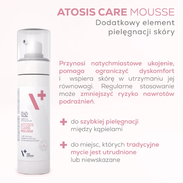 VET EXPERT ATOSIS CARE MOUSSE - szampon w piance do kąpieli na sucho dla psów i kotów ze skórą skłonną do atopii 150 ml
