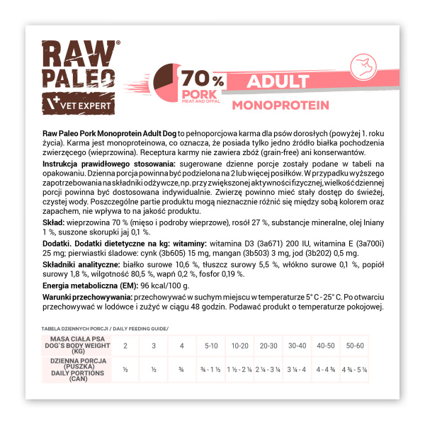 RAW PALEO ADULT DOG PORK 12x400g - mokra karma dla psów dorosłych monoproteina z wieprzowiną