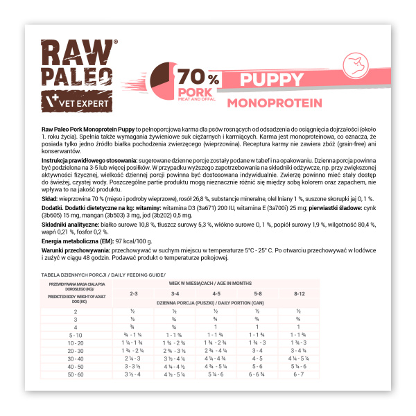 RAW PALEO PUPPY PORK 6x400g - mokra karma dla szczeniąt monoproteina z wieprzowiną