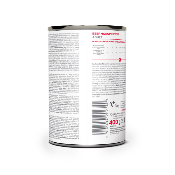 RAW PALEO ADULT DOG BEEF 12x400g - mokra karma dla psów dorosłych monoproteina z wołowiną