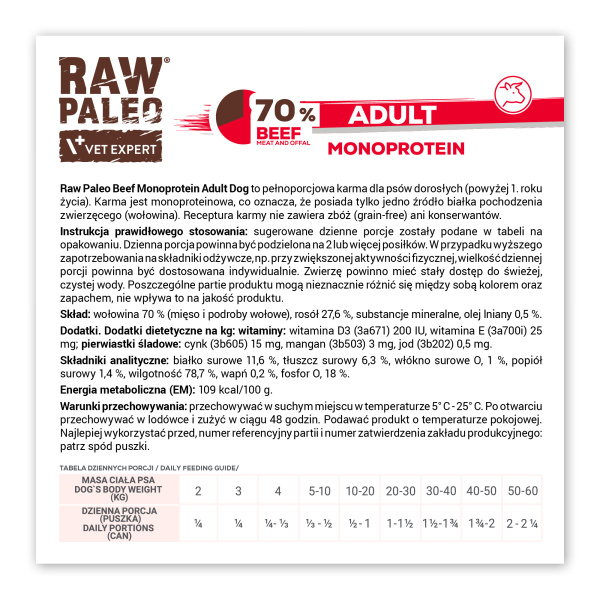 RAW PALEO ADULT DOG BEEF 6x800g - mokra karma dla psów dorosłych monoproteina z wołowiną