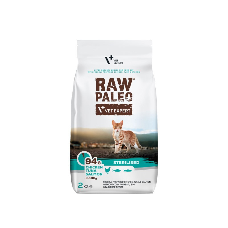 RAW PALEO STERILISED CAT – sucha karma z kurczakiem, tuńczykiem i łososiem dla kotów sterylizowanych (Wielkość opakowania: 6kg)